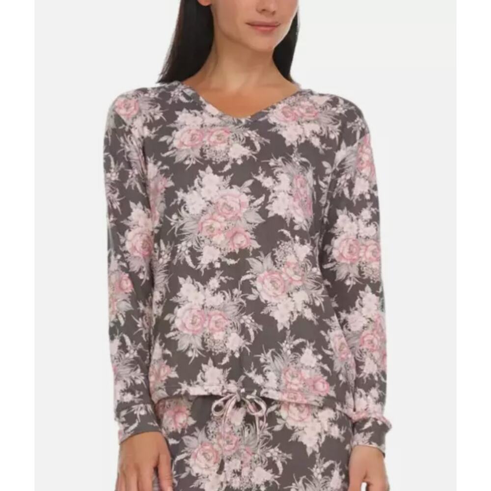 FLORA NIKROOZ JENNA PRINTED COZY SWEATER-KNIT PAJAMAS FLORAL GRAY PINK MEDIUM